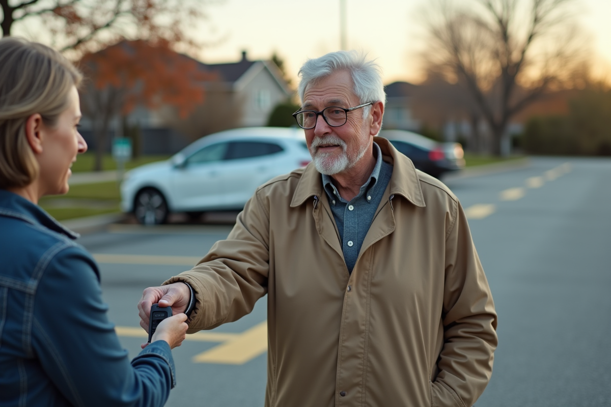 Homme âgé remettant ses clés de voiture dans un parking
