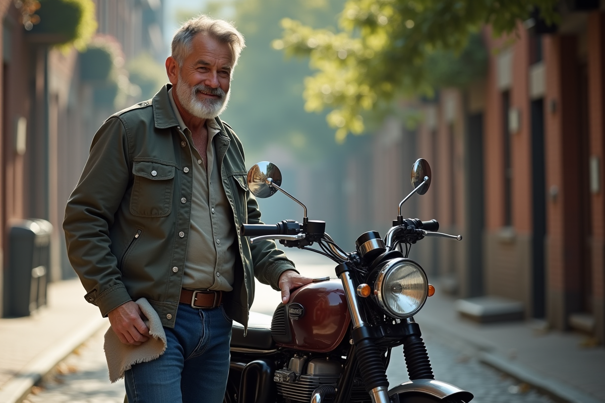 Homme d'âge moyen polissant une moto vintage en extérieur