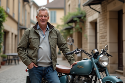 Homme souriant avec documents de voiture vintage en village