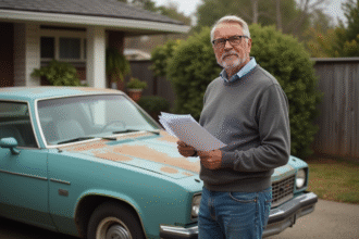 Homme d'âge moyen près d'une vieille voiture dans une allée