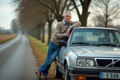 Homme d'âge moyen vérifiant un carnet d'entretien près d'une voiture ancienne