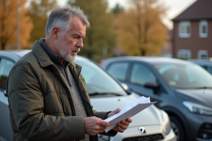 Homme d'âge moyen examinant un document près de sa voiture en banlieue