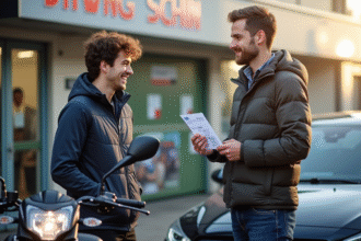 Jeune adulte montrant son permis moto à un moniteur souriant devant une moto