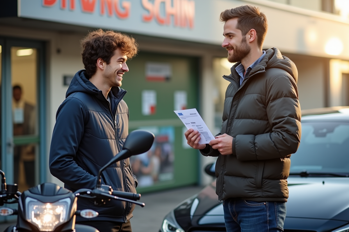 Jeune adulte montrant son permis moto à un moniteur souriant devant une moto