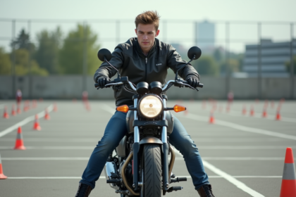 Jeune homme en moto en formation sur circuit extérieur