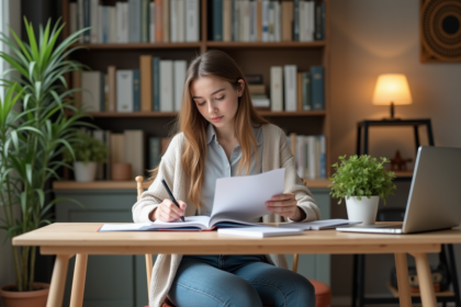 Jeune femme étudie le code de la route à son bureau