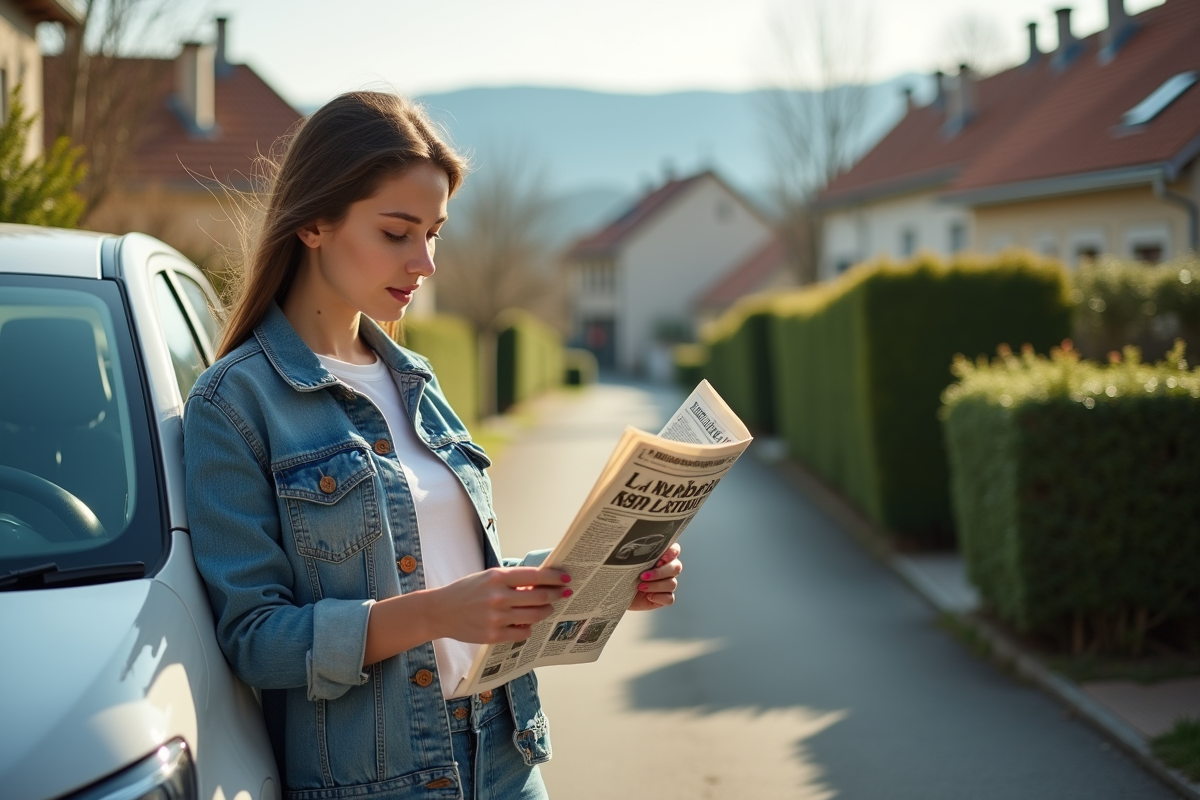 Jeune femme lisant un journal sur la législation hybride
