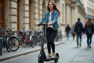 Jeune femme en scooter électrique dans Paris