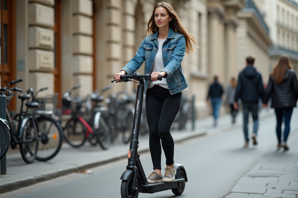 Jeune femme en scooter électrique dans Paris