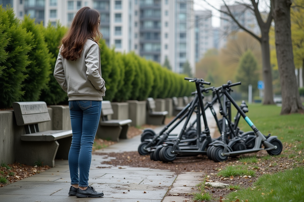 Jeune femme regardant des scooters abandonnés dans un parc urbain