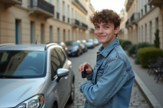 Jeune français avec clés de voiture devant une citadine à Paris