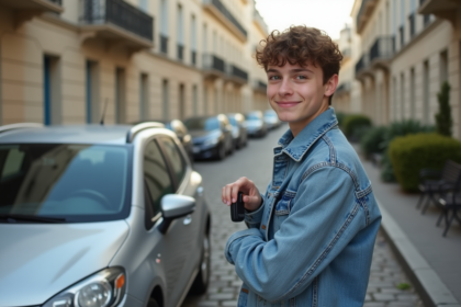 Jeune français avec clés de voiture devant une citadine à Paris