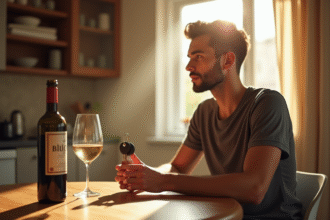 Jeune homme tenant des clés de voiture regardant un verre de vin dans la cuisine