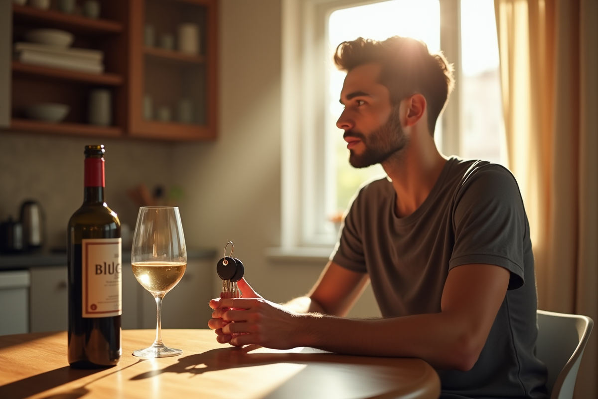 Jeune homme tenant des clés de voiture regardant un verre de vin dans la cuisine