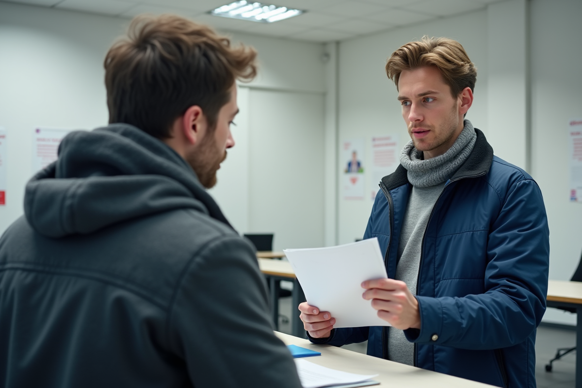 Jeune homme en veste bleue remet ses documents à un guichet administratif