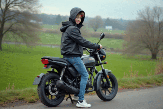 Jeune garçon en veste casual sur une moto 50cc en campagne