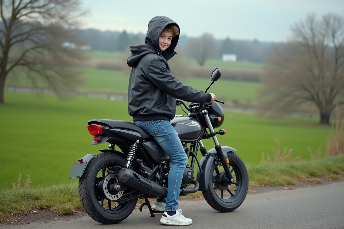 Jeune garçon en veste casual sur une moto 50cc en campagne