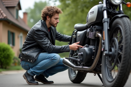 Jeune homme pointant le levier de vitesse d'une moto stationnee