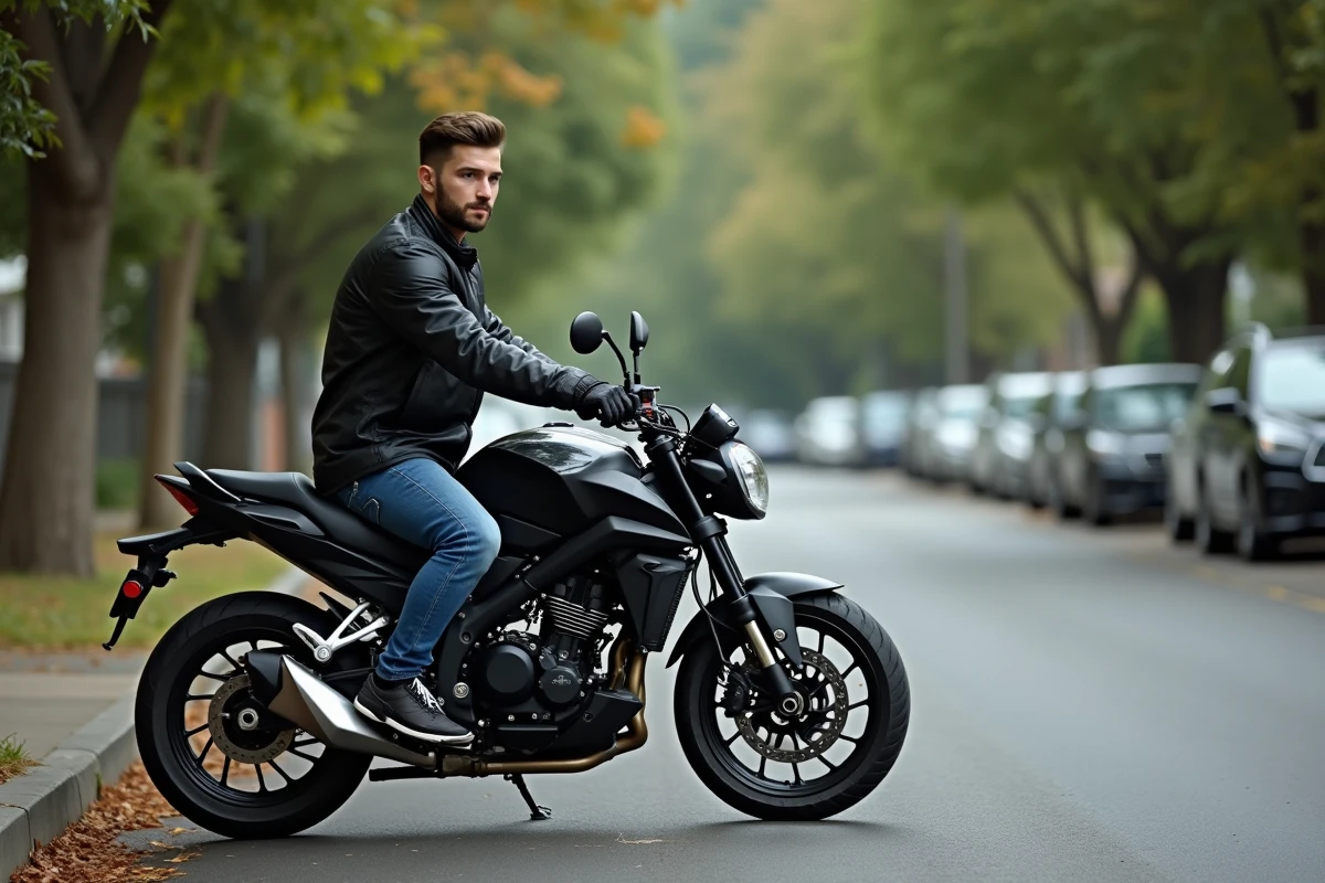 Jeune homme en moto urbaine sur le bord de la route