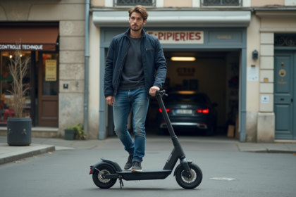 Jeune homme avec scooter électrique devant un centre de contrôle technique