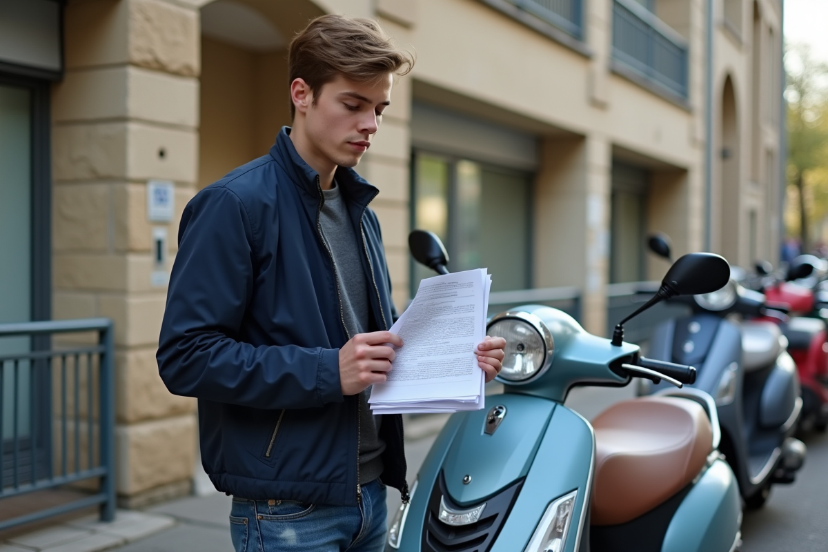 Jeune homme avec scooter et papiers devant préfecture