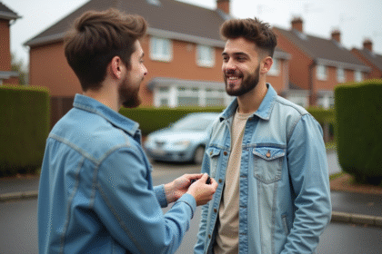 Jeune homme donnant des clés de voiture à un ami dans une rue résidentielle