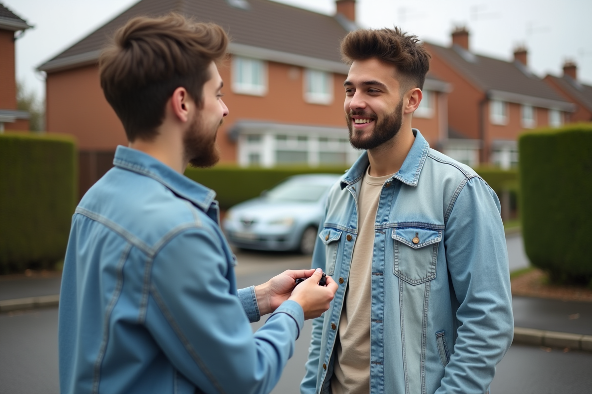 Jeune homme donnant des clés de voiture à un ami dans une rue résidentielle
