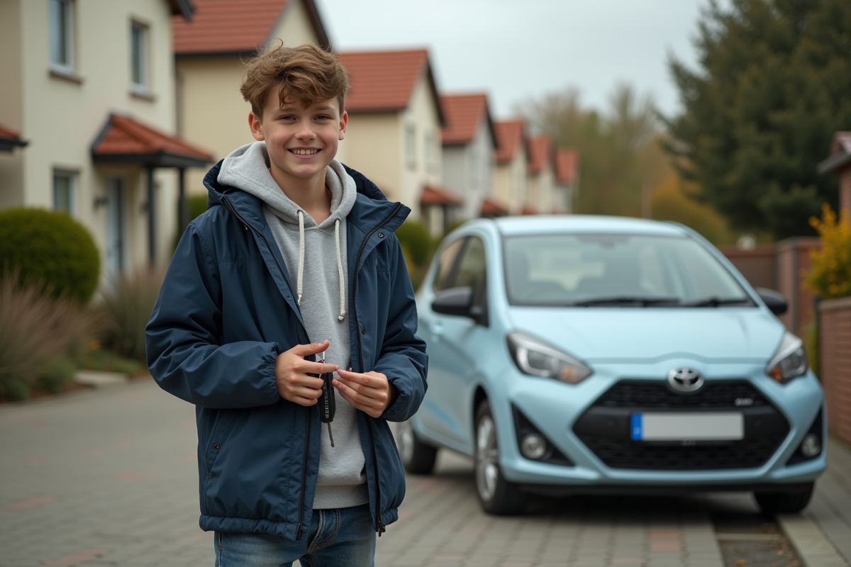 Jeune homme souriant avec sa voiture dans une rue résidentielle