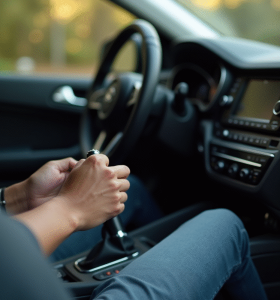 Main tenant fermement le levier de vitesse automatique dans une voiture
