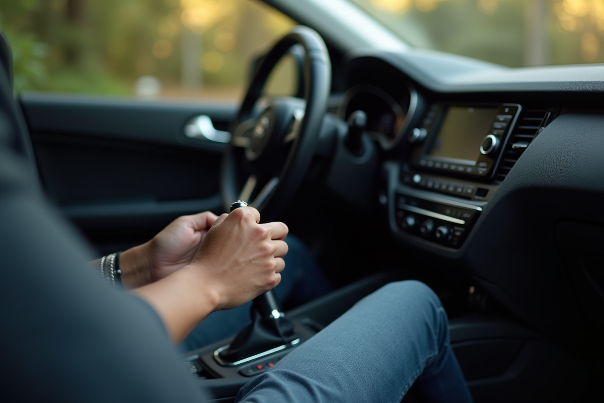 Main tenant fermement le levier de vitesse automatique dans une voiture