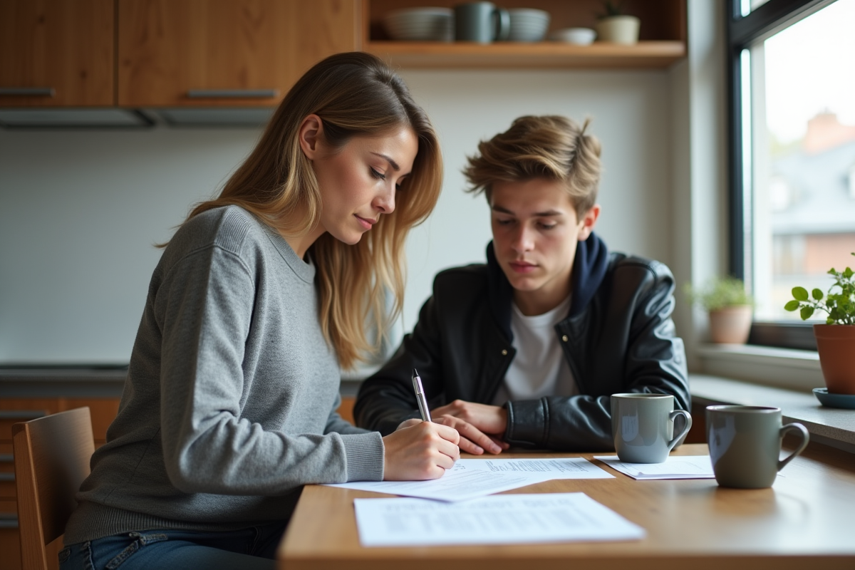 Femme signant assurance avec son fils à la maison