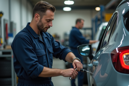 Mécanicien homme vérifiant le niveau d'huile dans un garage moderne