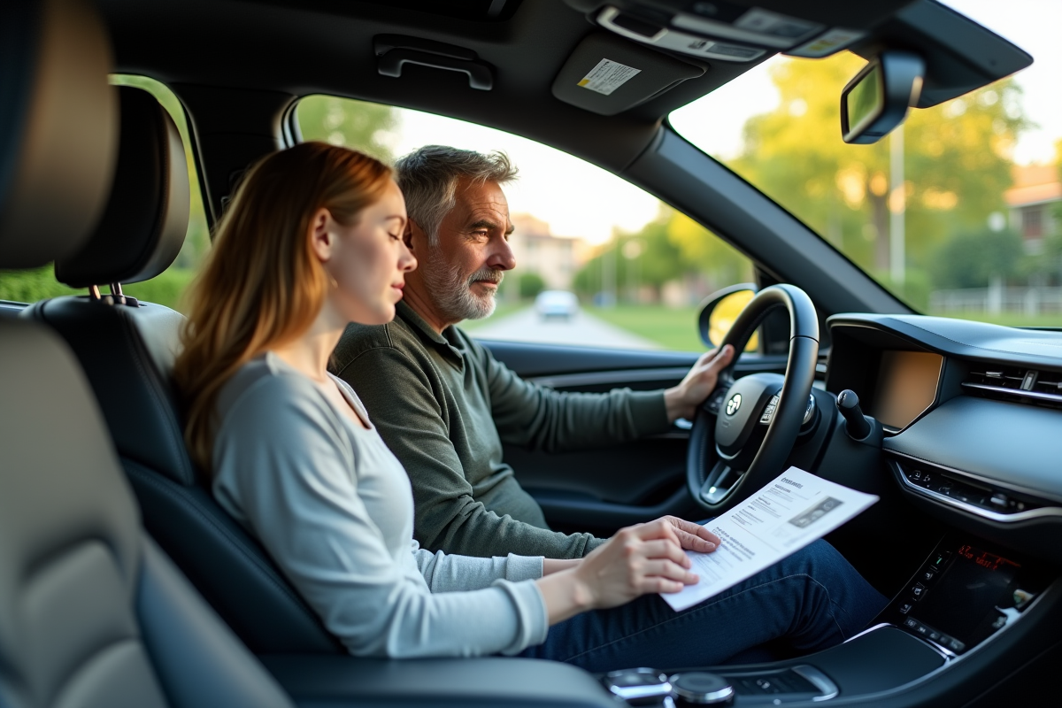 Père et fille regardant une brochure dans une voiture hybride