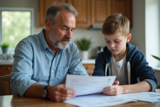Père et fils examinant un contrat d'assurance voiture à la maison