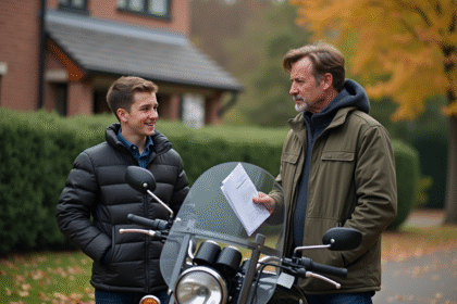 Pere et fils avec moto dans la cour automnale