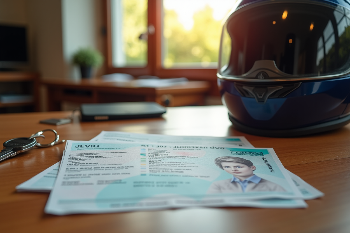Permis moto une clé un casque et documents sur une table en lumière naturelle