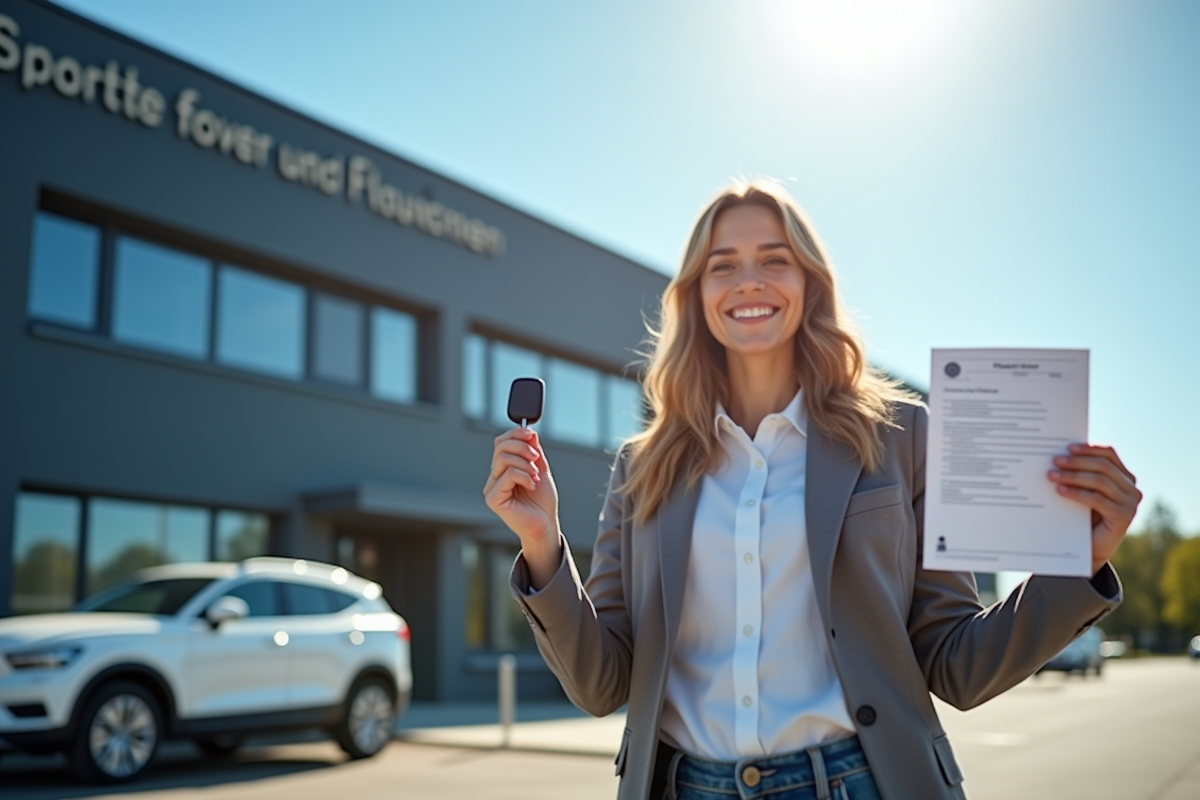 Personne souriante tenant des clés et papiers de voiture devant une nouvelle voiture