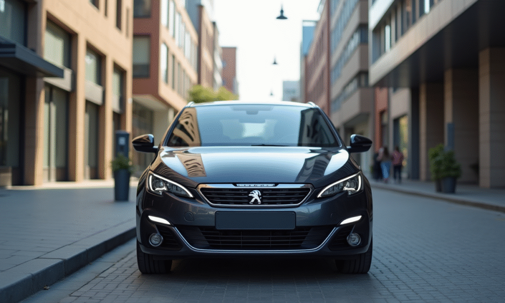 Peugeot 308 hybride en ville en plein jour