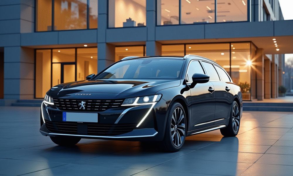 Peugeot 508 SW moderne devant un bâtiment contemporain