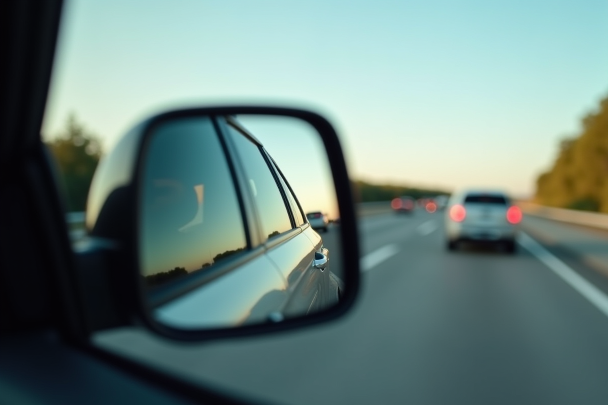 Rétroviseur reflétant des voitures sur une autoroute en journée