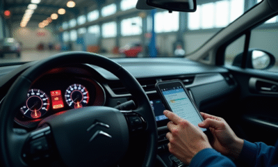 Tableau de bord Citroën avec voyant moteur allumé et mécanicien utilisant un diagnostic