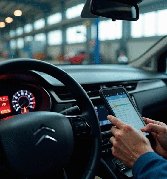 Tableau de bord Citroën avec voyant moteur allumé et mécanicien utilisant un diagnostic