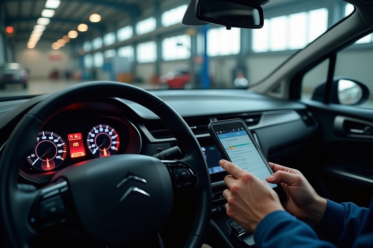 Tableau de bord Citroën avec voyant moteur allumé et mécanicien utilisant un diagnostic