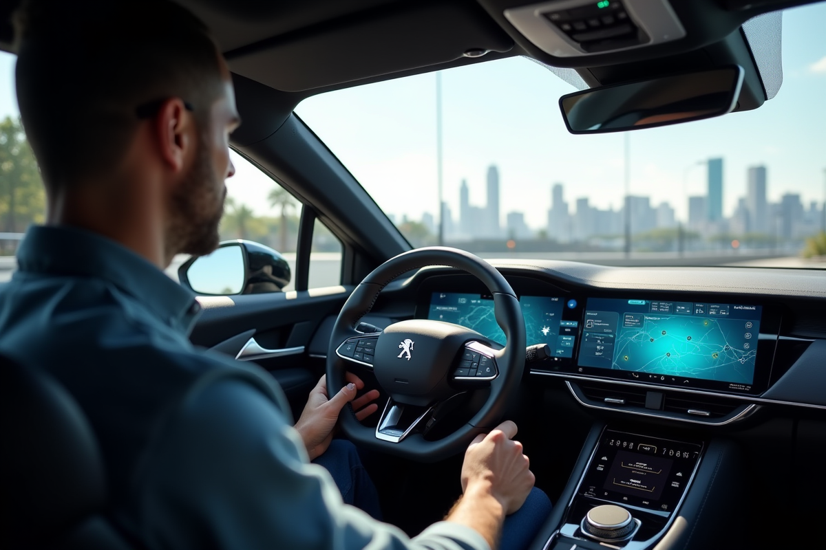 Conducteur utilisant le tableau de bord numérique de la Peugeot 308