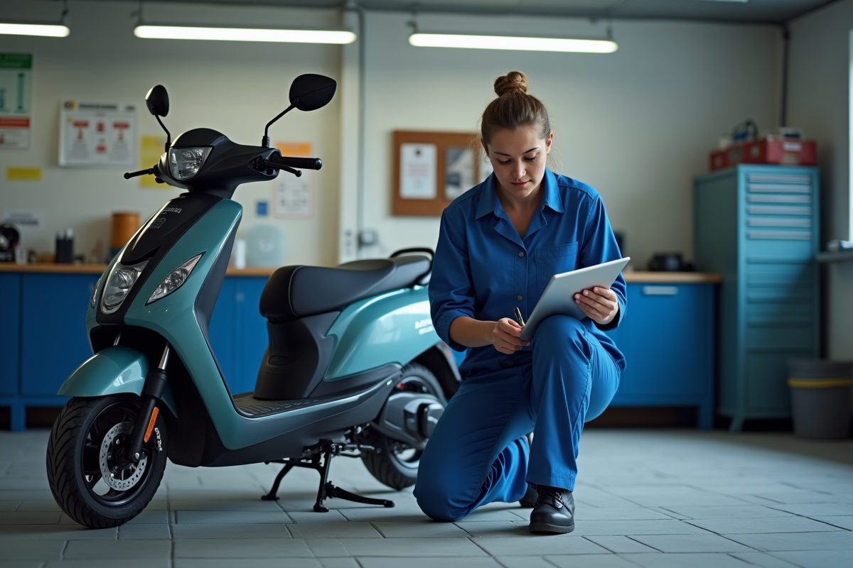 Technicienne vérifiant la roue arrière d’un scooter électrique en atelier