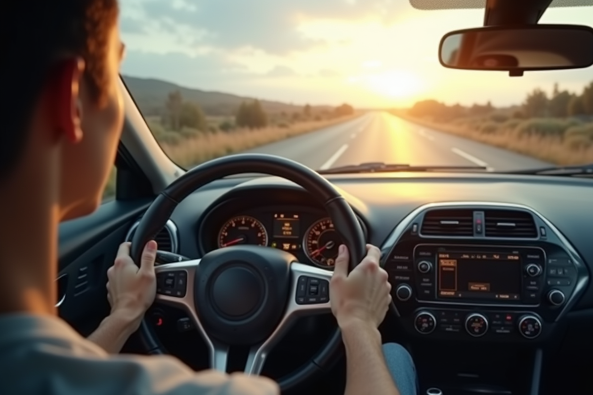 Conducteur dans une voiture compacte moderne en conduite