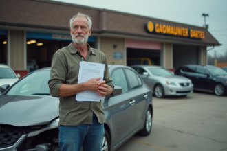 Propriétaire de voiture endommagée tenant documents d'assurance