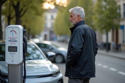 Homme d'affaires près d'une voiture hybride en ville