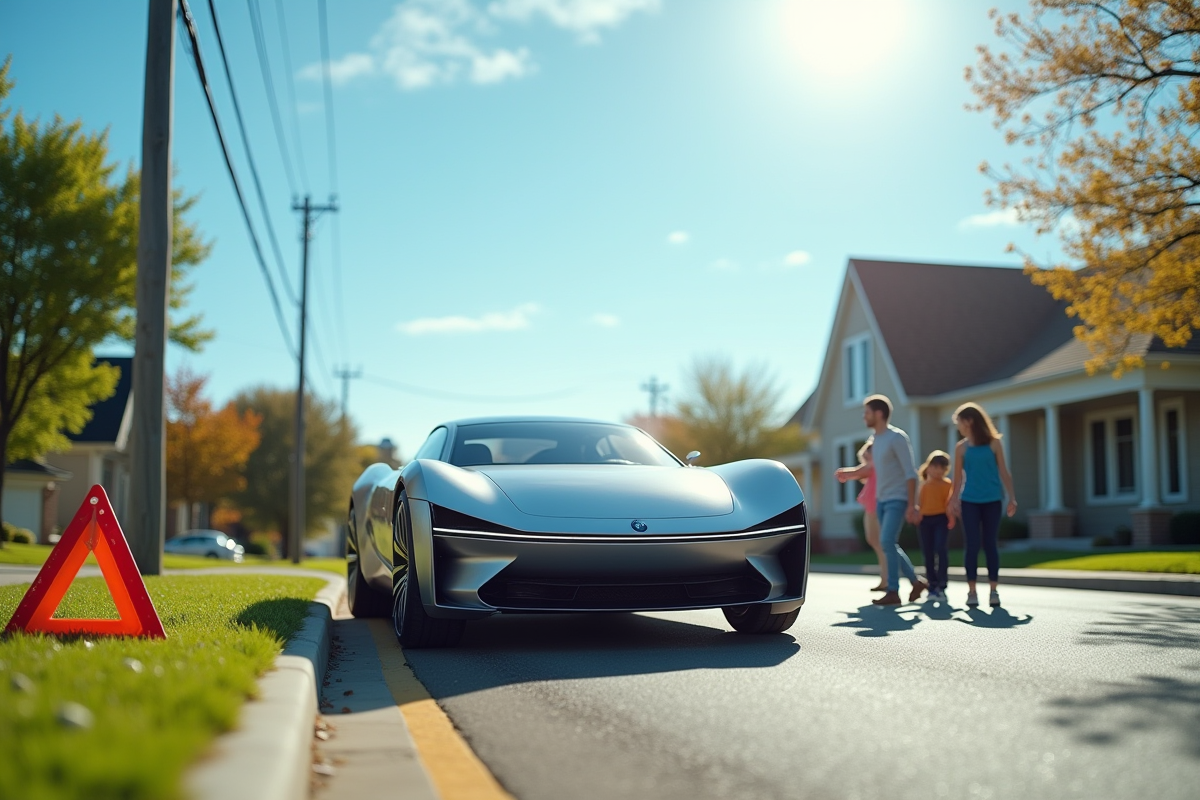 Voiture 2025 en panne avec famille et triangle de signalisation